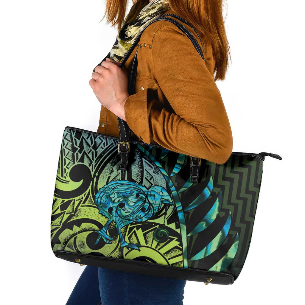 Southland Takehe Pounama Leather Tote Bag Aotearoa Poutama Paua Shell Fern LT14 Black - Polynesian Pride