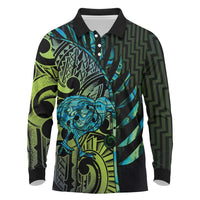 Southland Takehe Pounama Long Sleeve Polo Shirt Aotearoa Poutama Paua Shell Fern LT14 Black - Polynesian Pride