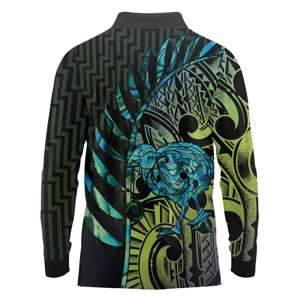 Southland Takehe Pounama Long Sleeve Polo Shirt Aotearoa Poutama Paua Shell Fern LT14 - Polynesian Pride