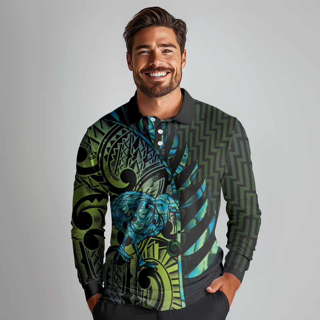Southland Takehe Pounama Long Sleeve Polo Shirt Aotearoa Poutama Paua Shell Fern LT14 - Polynesian Pride