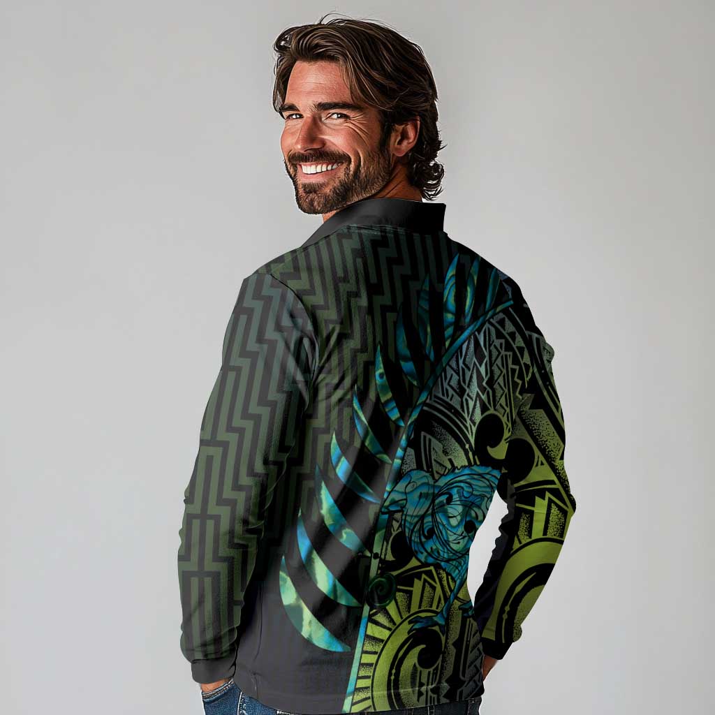 Southland Takehe Pounama Long Sleeve Polo Shirt Aotearoa Poutama Paua Shell Fern LT14 - Polynesian Pride