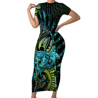 Southland Takehe Pounama Short Sleeve Bodycon Dress Aotearoa Poutama Paua Shell Fern