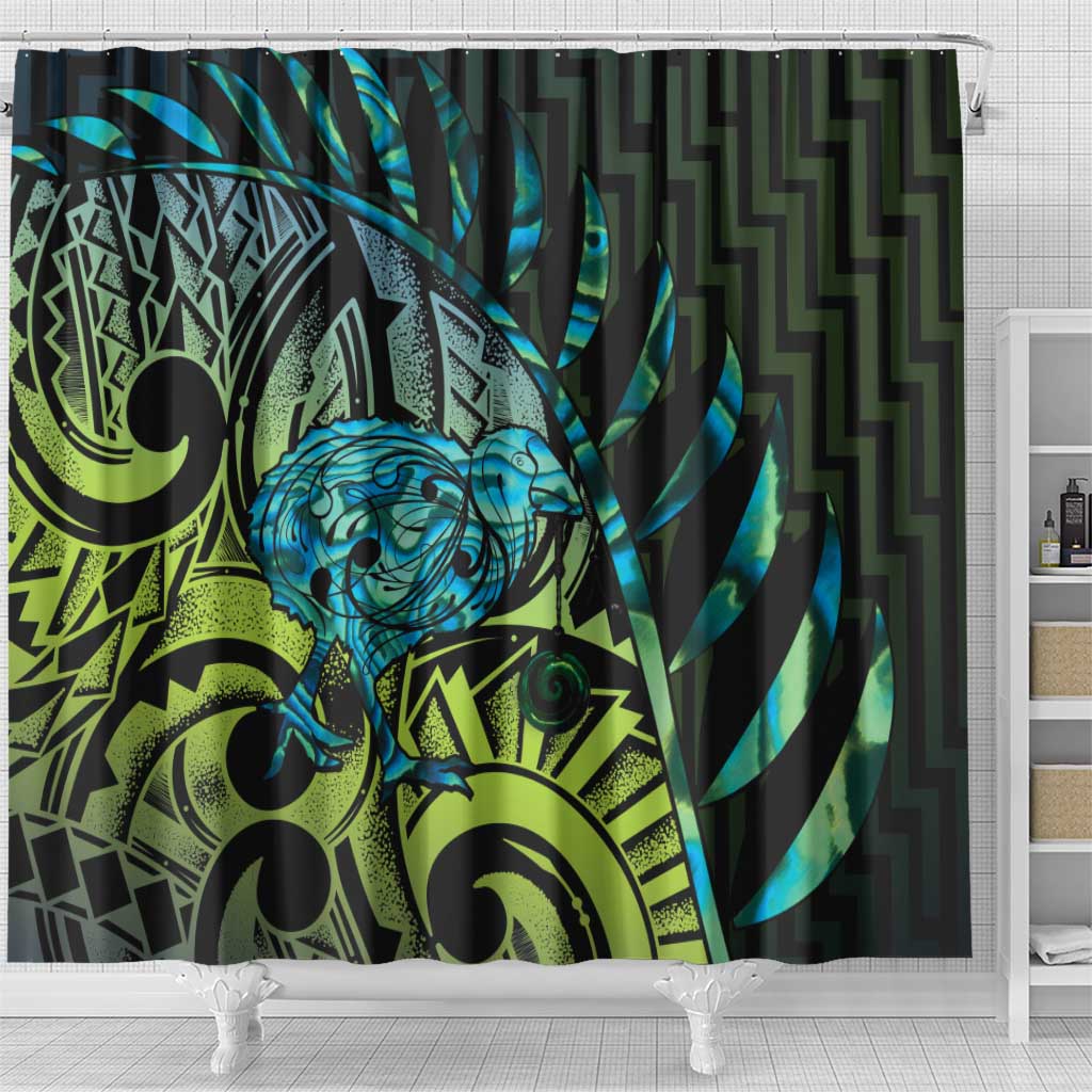 Southland Takehe Pounama Shower Curtain Aotearoa Poutama Paua Shell Fern