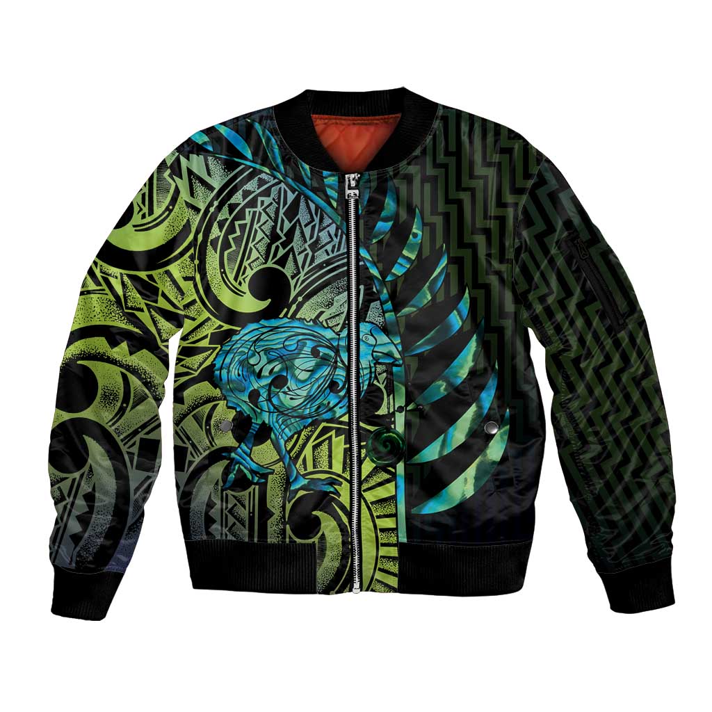 Southland Takehe Pounama Sleeve Zip Bomber Jacket Aotearoa Poutama Paua Shell Fern LT14 Unisex Black - Polynesian Pride