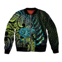 Southland Takehe Pounama Sleeve Zip Bomber Jacket Aotearoa Poutama Paua Shell Fern LT14 Unisex Black - Polynesian Pride