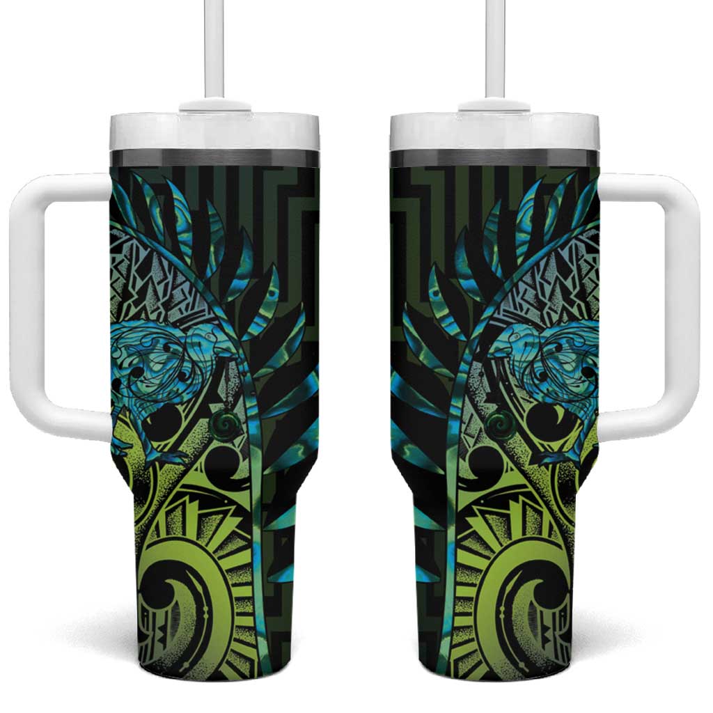 Southland Takehe Pounama Tumbler With Handle Aotearoa Poutama Paua Shell Fern LT14 One Size: 40 oz Black - Polynesian Pride
