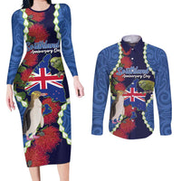 Southland Anniversary Day Couples Matching Long Sleeve Bodycon Dress and Long Sleeve Button Shirt Murihiku 1861 Maori Bird Mix Pohutukawa