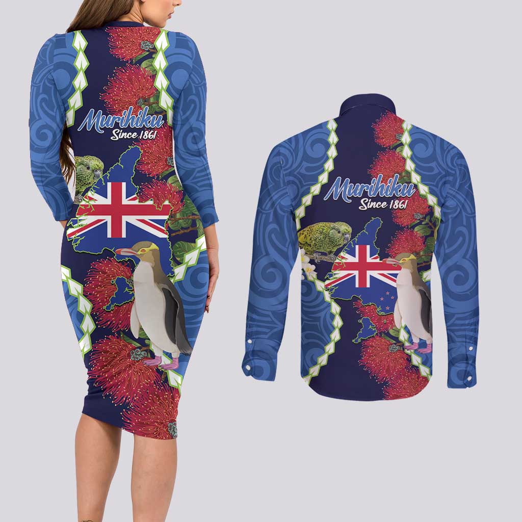 Southland Anniversary Day Couples Matching Long Sleeve Bodycon Dress and Long Sleeve Button Shirt Murihiku 1861 Maori Bird Mix Pohutukawa
