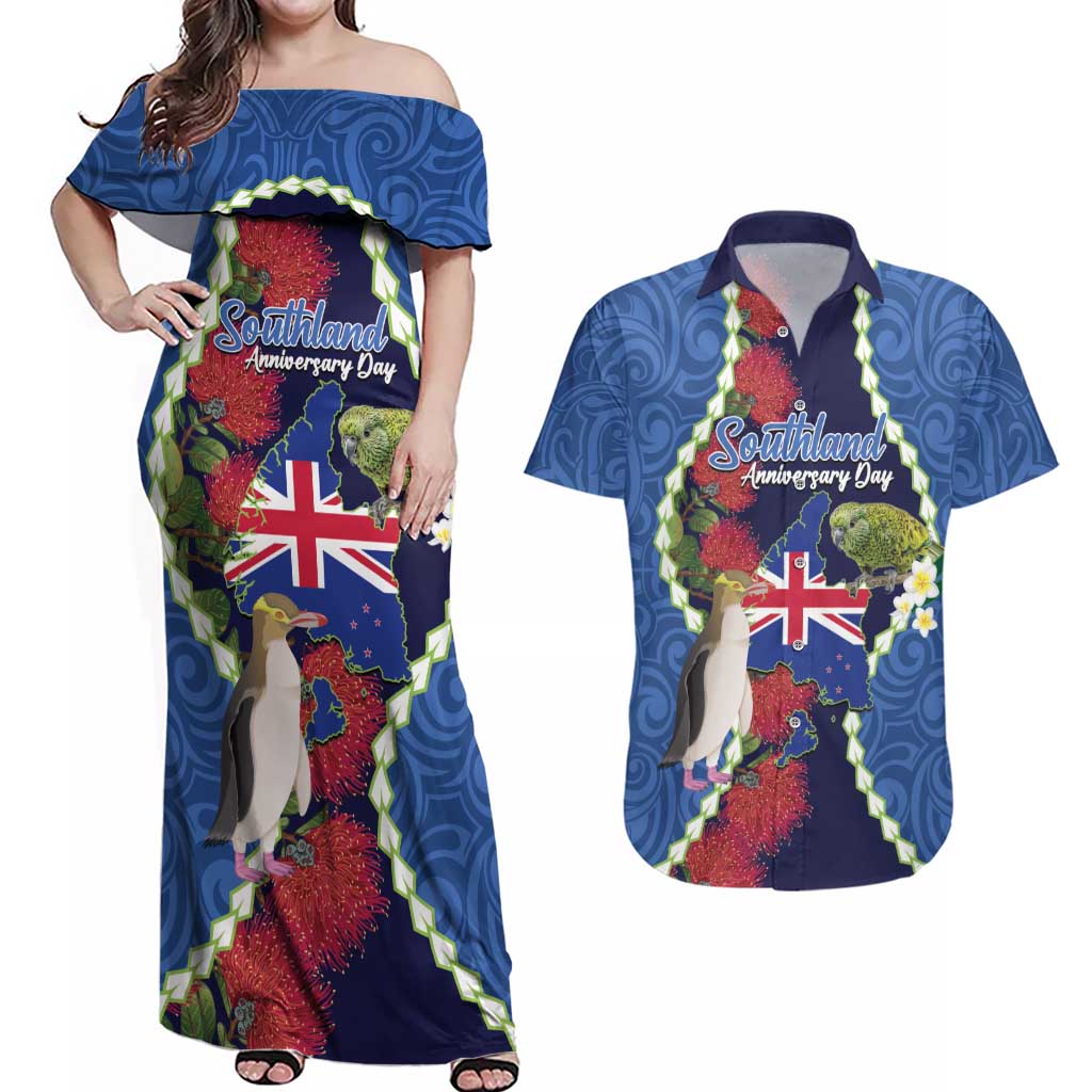 Southland Anniversary Day Couples Matching Off Shoulder Maxi Dress and Hawaiian Shirt Murihiku 1861 Maori Bird Mix Pohutukawa