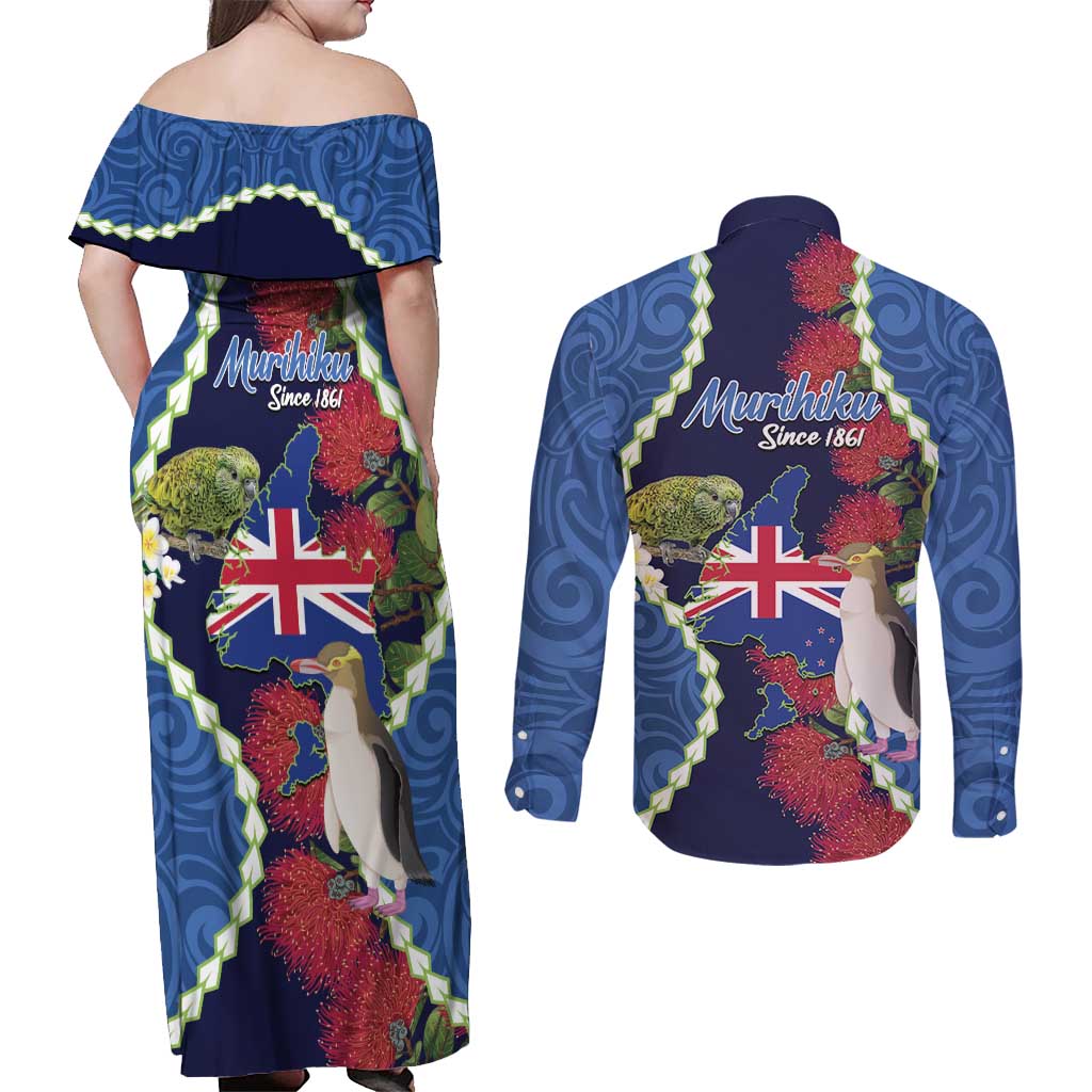 Southland Anniversary Day Couples Matching Off Shoulder Maxi Dress and Long Sleeve Button Shirt Murihiku 1861 Maori Bird Mix Pohutukawa