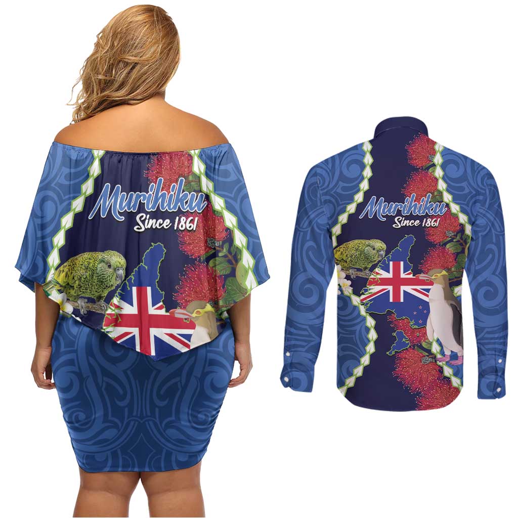 Southland Anniversary Day Couples Matching Off Shoulder Short Dress and Long Sleeve Button Shirt Murihiku 1861 Maori Bird Mix Pohutukawa