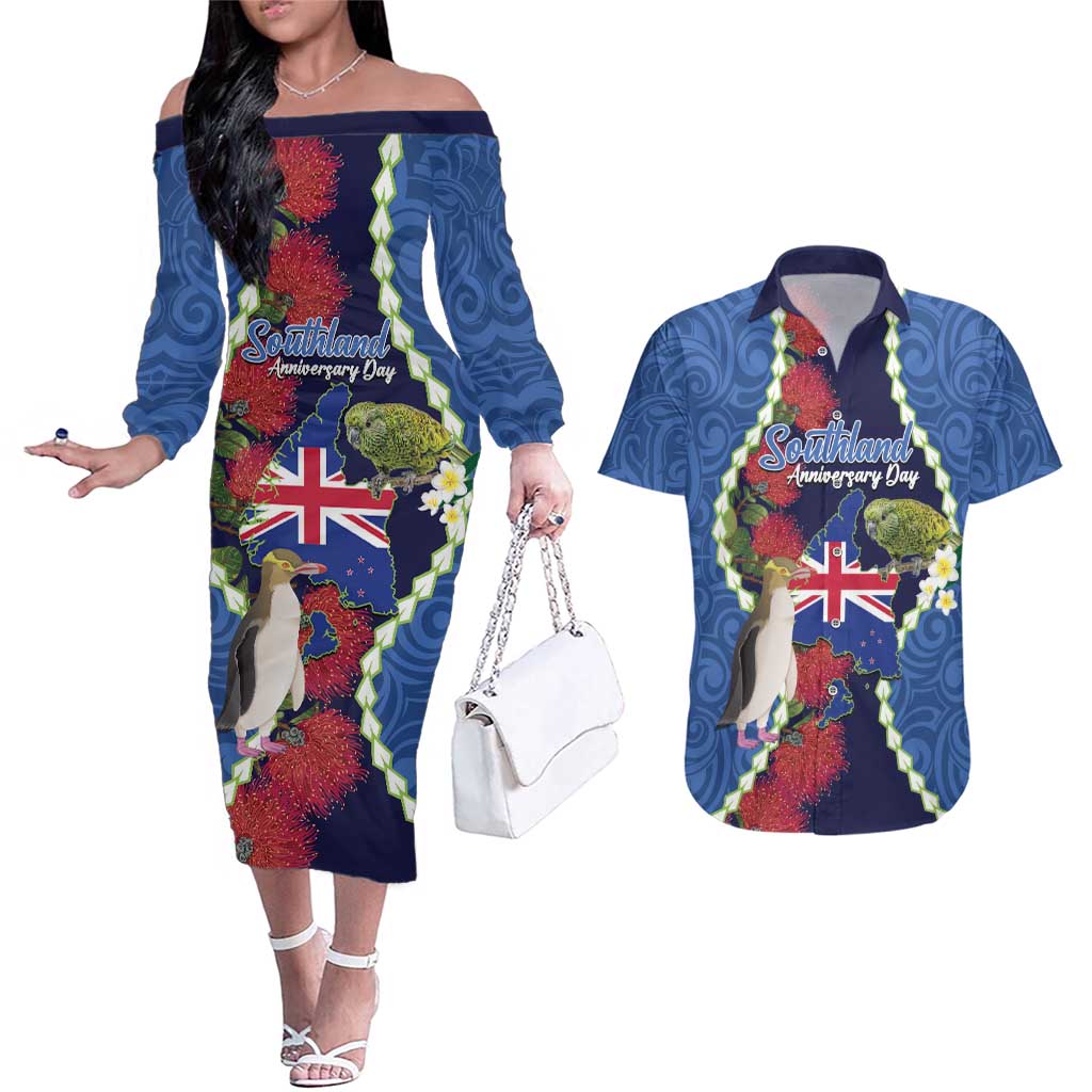 Southland Anniversary Day Couples Matching Off The Shoulder Long Sleeve Dress and Hawaiian Shirt Murihiku 1861 Maori Bird Mix Pohutukawa