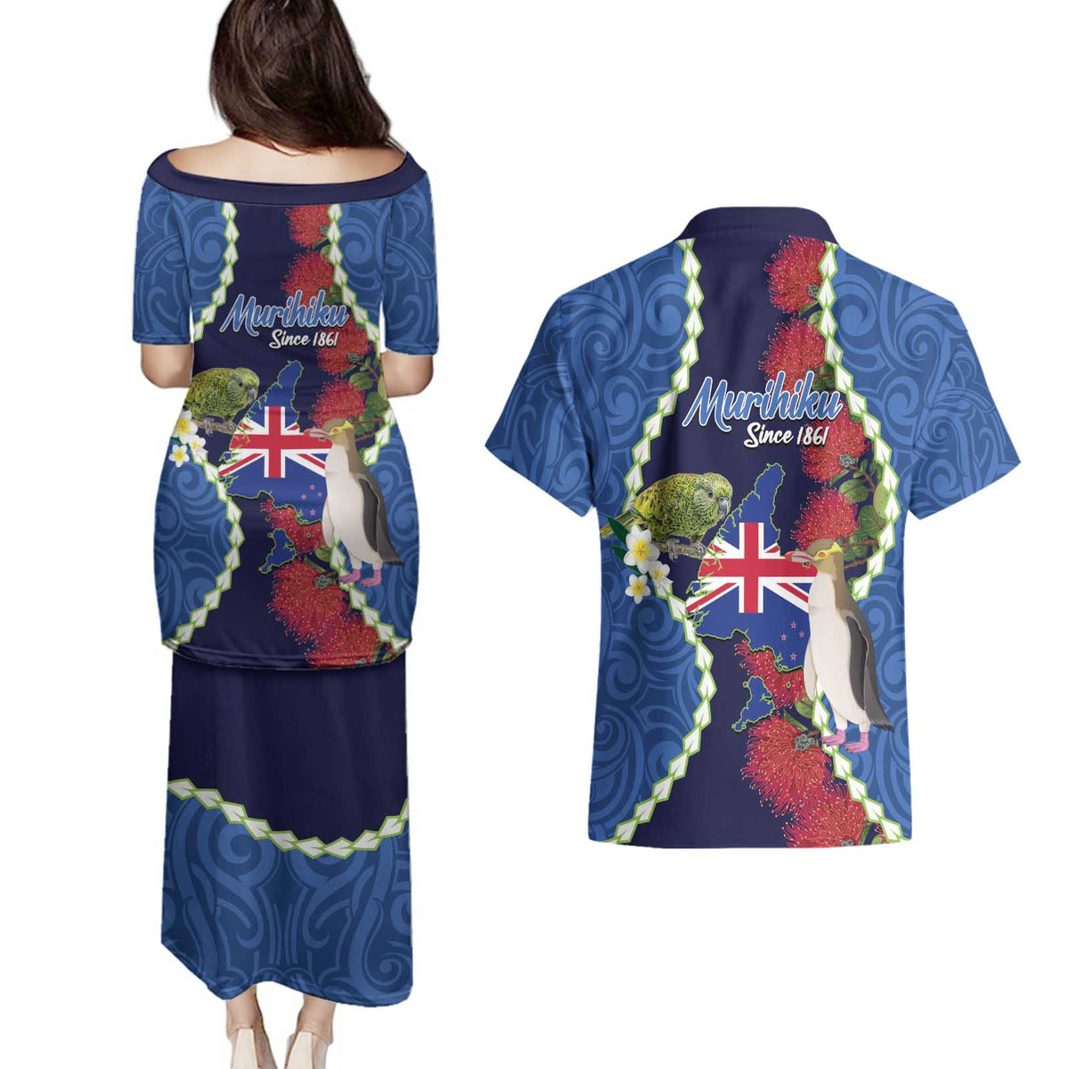 Southland Anniversary Day Couples Matching Puletasi and Hawaiian Shirt Murihiku 1861 Maori Bird Mix Pohutukawa