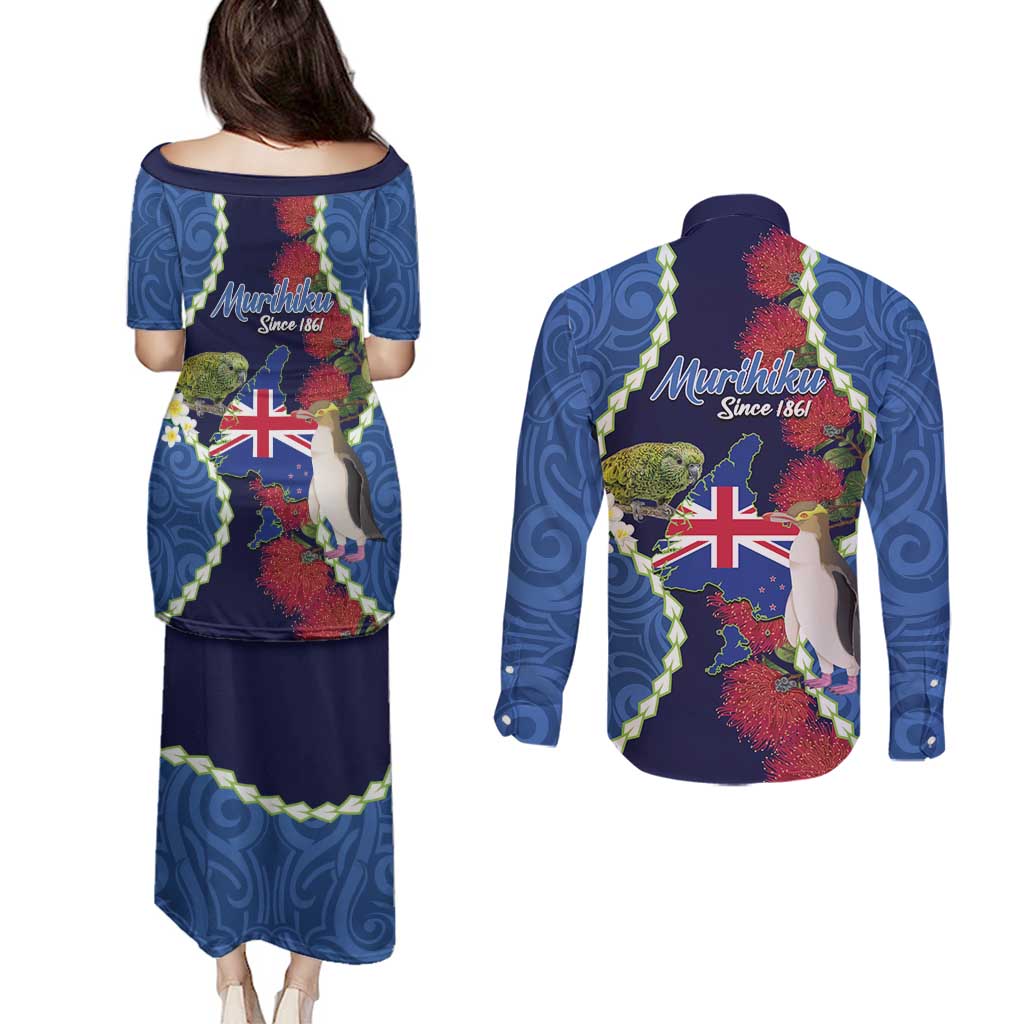 Southland Anniversary Day Couples Matching Puletasi and Long Sleeve Button Shirt Murihiku 1861 Maori Bird Mix Pohutukawa LT14 - Polynesian Pride