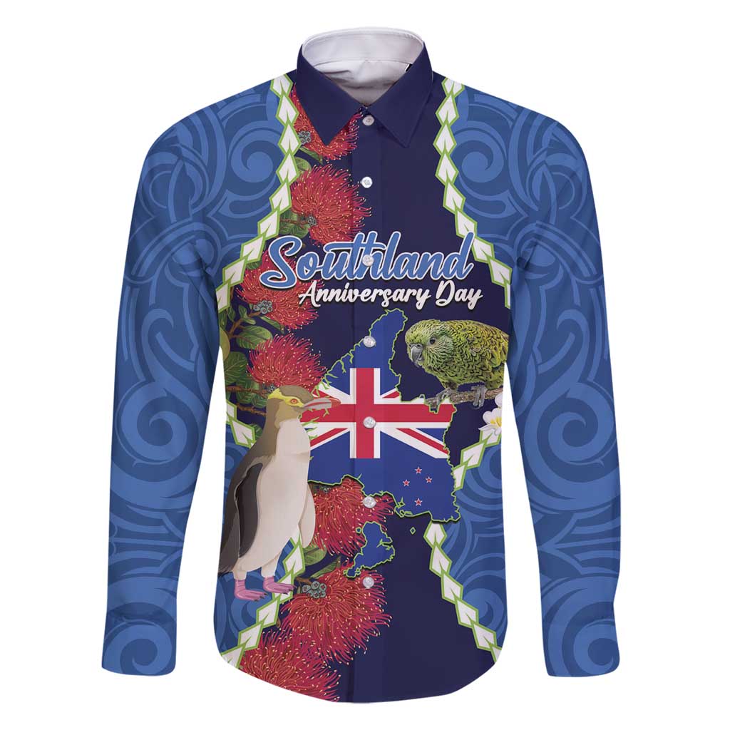 Southland Anniversary Day Family Matching Long Sleeve Bodycon Dress and Hawaiian Shirt Murihiku 1861 Maori Bird Mix Pohutukawa LT14 Dad's Shirt - Long Sleeve Blue - Polynesian Pride