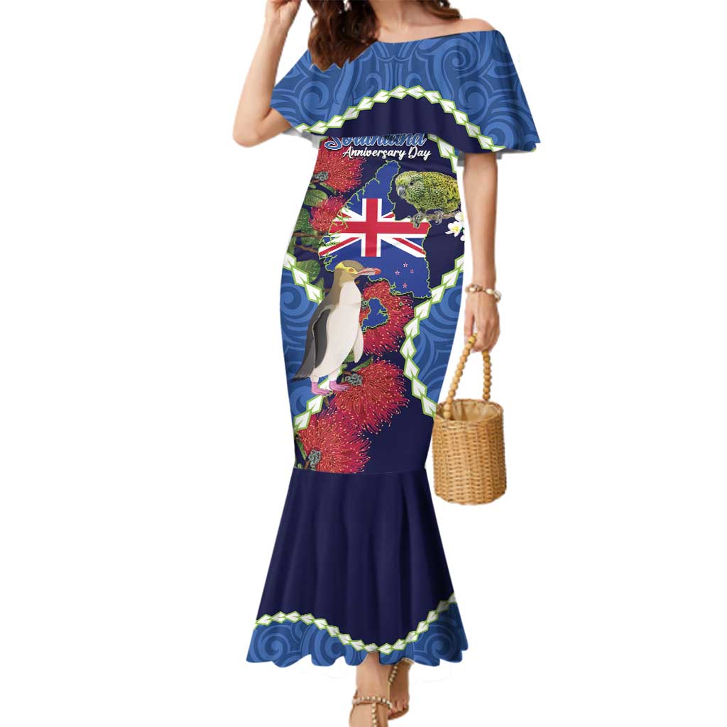 Southland Anniversary Day Family Matching Mermaid Dress and Hawaiian Shirt Murihiku 1861 Maori Bird Mix Pohutukawa LT14 Mom's Dress Blue - Polynesian Pride