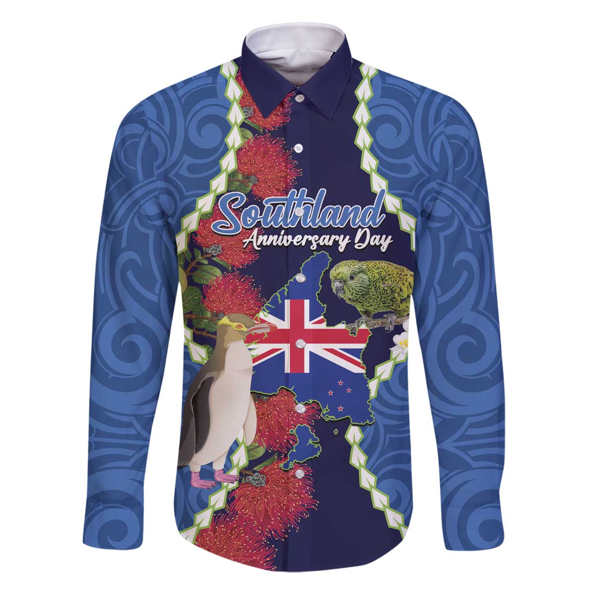 Southland Anniversary Day Family Matching Off The Shoulder Long Sleeve Dress and Hawaiian Shirt Murihiku 1861 Maori Bird Mix Pohutukawa