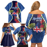 Southland Anniversary Day Family Matching Off Shoulder Short Dress and Hawaiian Shirt Murihiku 1861 Maori Bird Mix Pohutukawa