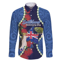 Southland Anniversary Day Family Matching Puletasi and Hawaiian Shirt Murihiku 1861 Maori Bird Mix Pohutukawa LT14 Dad's Shirt - Long Sleeve Blue - Polynesian Pride