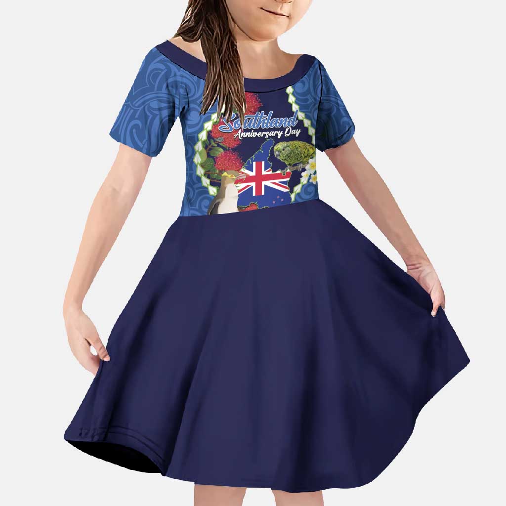 Southland Anniversary Day Family Matching Summer Maxi Dress and Hawaiian Shirt Murihiku 1861 Maori Bird Mix Pohutukawa LT14 Daughter's Dress Blue - Polynesian Pride