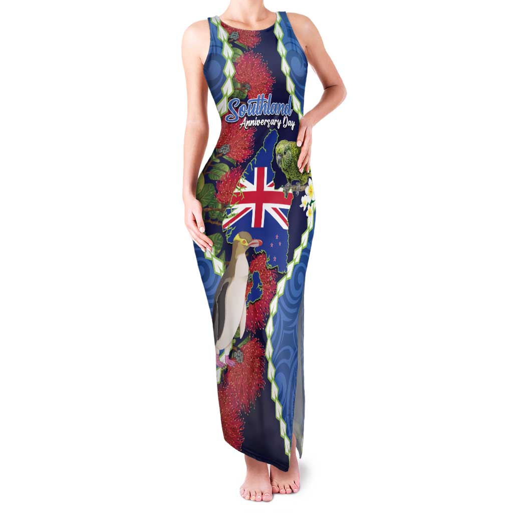 Southland Anniversary Day Family Matching Tank Maxi Dress and Hawaiian Shirt Murihiku 1861 Maori Bird Mix Pohutukawa LT14 Mom's Dress Blue - Polynesian Pride