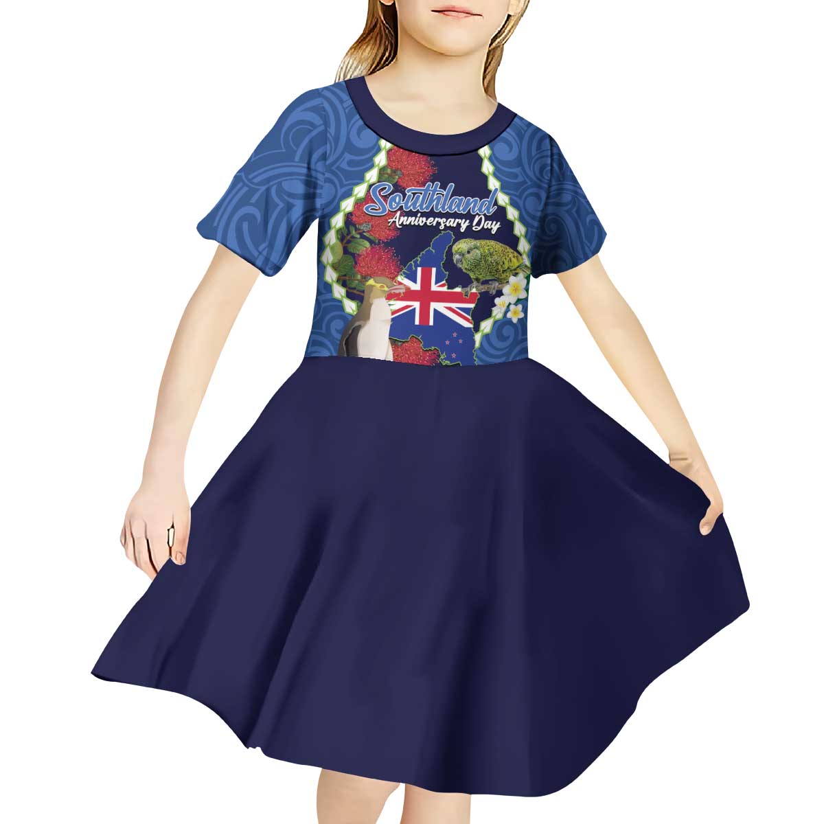 Southland Anniversary Day Kid Short Sleeve Dress Murihiku 1861 Maori Bird Mix Pohutukawa