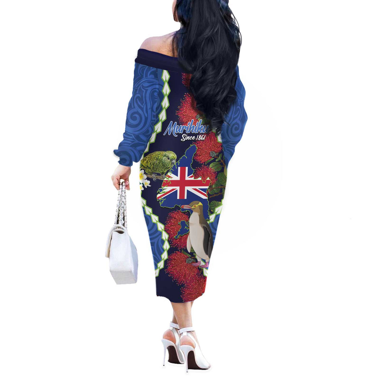 Southland Anniversary Day Off The Shoulder Long Sleeve Dress Murihiku 1861 Maori Bird Mix Pohutukawa