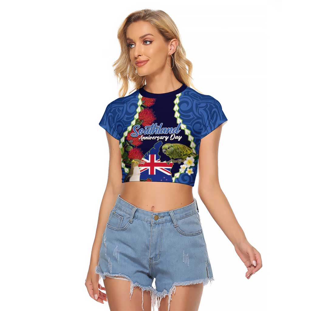 Southland Anniversary Day Raglan Cropped T Shirt Murihiku 1861 Maori Bird Mix Pohutukawa LT14 Female Blue - Polynesian Pride