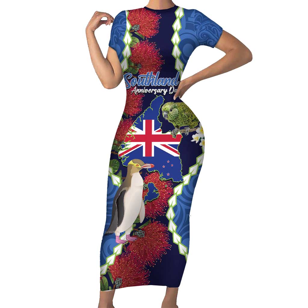 Southland Anniversary Day Short Sleeve Bodycon Dress Murihiku 1861 Maori Bird Mix Pohutukawa