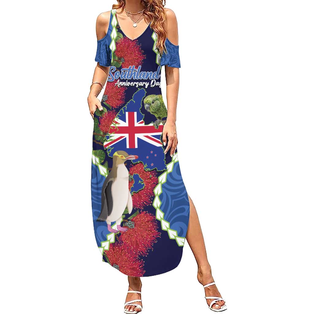 Southland Anniversary Day Summer Maxi Dress Murihiku 1861 Maori Bird Mix Pohutukawa