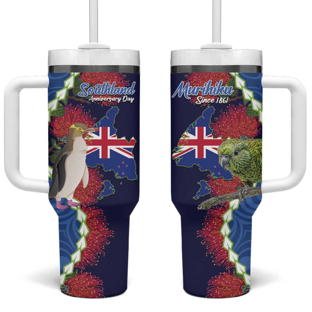 Southland Anniversary Day Tumbler With Handle Murihiku 1861 Maori Bird Mix Pohutukawa LT14 One Size: 40 oz Blue - Polynesian Pride