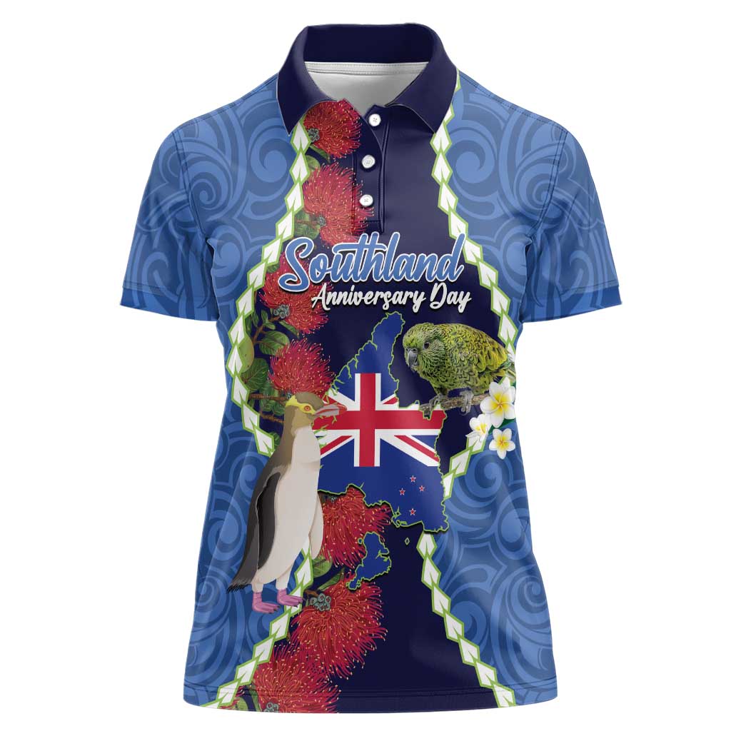 Southland Anniversary Day Women Polo Shirt Murihiku 1861 Maori Bird Mix Pohutukawa