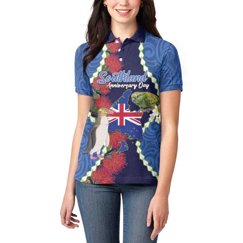 Southland Anniversary Day Women Polo Shirt Murihiku 1861 Maori Bird Mix Pohutukawa