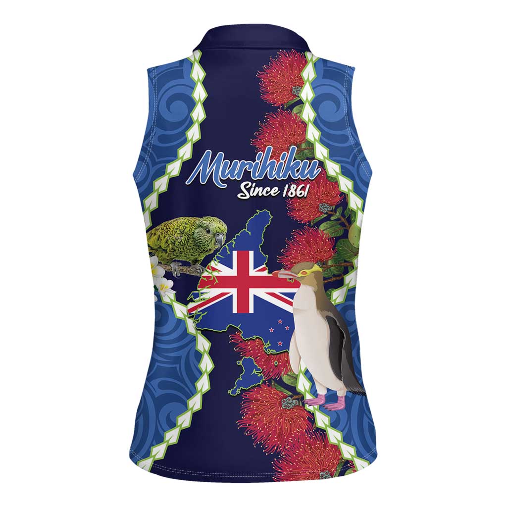 Southland Anniversary Day Women Sleeveless Polo Shirt Murihiku 1861 Maori Bird Mix Pohutukawa