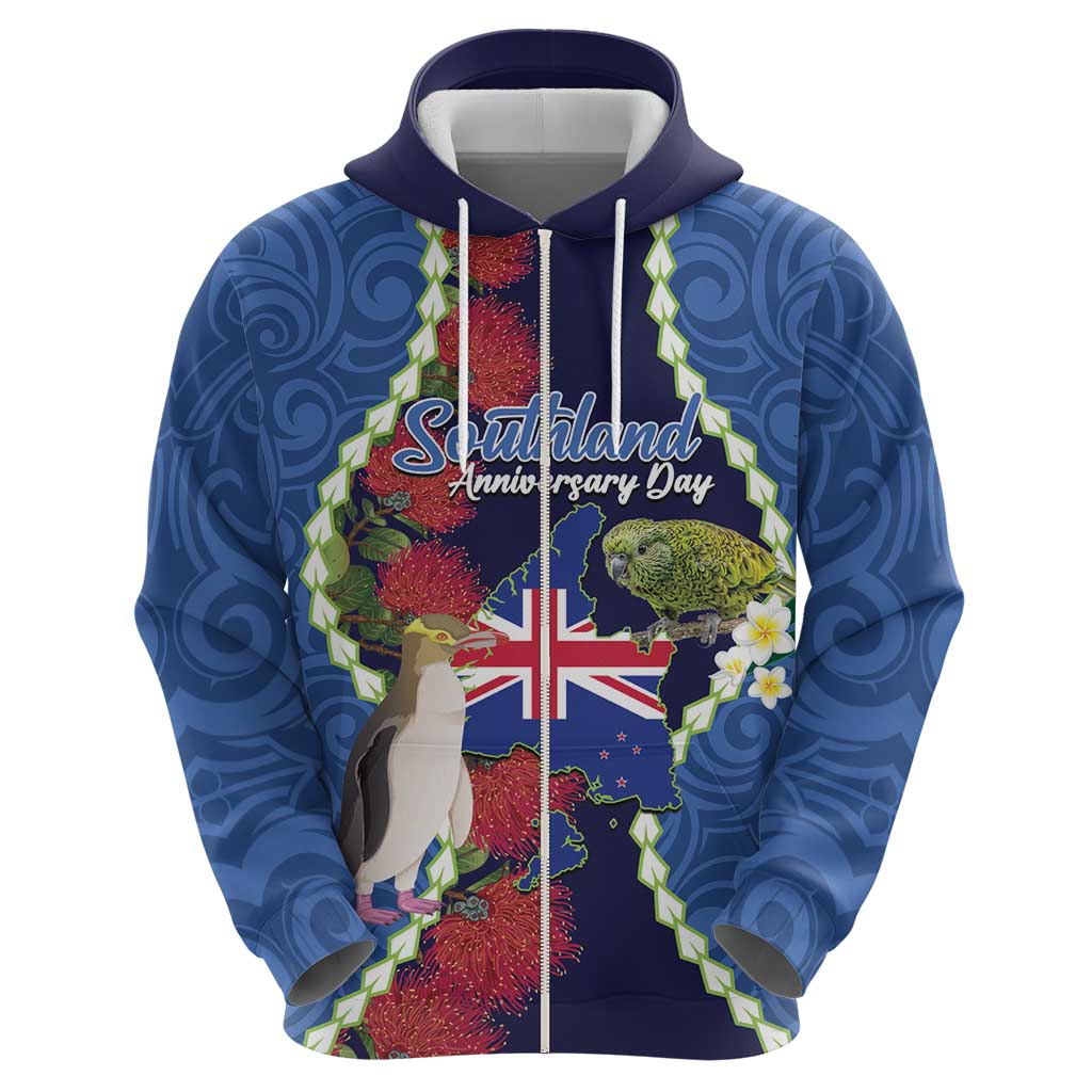 Southland Anniversary Day Zip Hoodie Murihiku 1861 Maori Bird Mix Pohutukawa