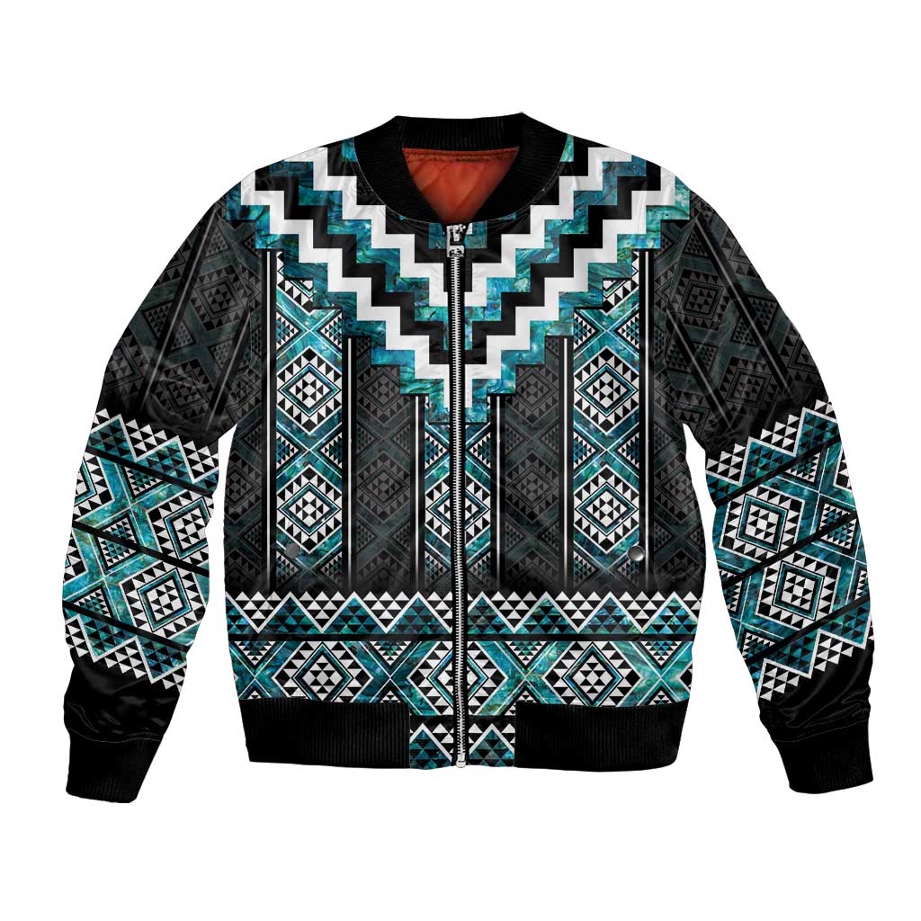 Paua Shell Taniko Pattern Aotearoa Bomber Jacket Niho Taniwha Mix Poutama LT14 Unisex Turquoise - Polynesian Pride