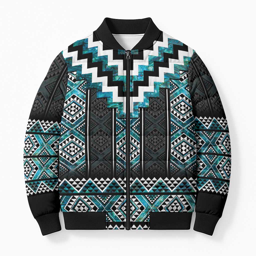 Paua Shell Taniko Pattern Aotearoa Bomber Puffer Jacket Niho Taniwha Mix Poutama - Polynesian Pride