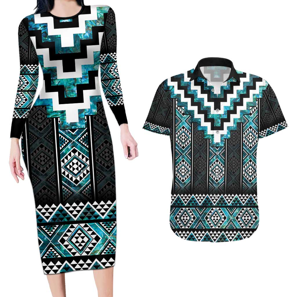 Paua Shell Taniko Pattern Aotearoa Couples Matching Long Sleeve Bodycon Dress and Hawaiian Shirt Niho Taniwha Mix Poutama LT14 Turquoise - Polynesian Pride