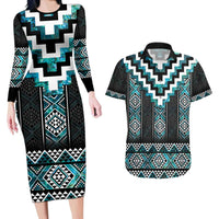 Paua Shell Taniko Pattern Aotearoa Couples Matching Long Sleeve Bodycon Dress and Hawaiian Shirt Niho Taniwha Mix Poutama LT14 Turquoise - Polynesian Pride
