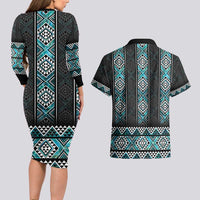 Paua Shell Taniko Pattern Aotearoa Couples Matching Long Sleeve Bodycon Dress and Hawaiian Shirt Niho Taniwha Mix Poutama LT14 - Polynesian Pride