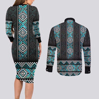 Paua Shell Taniko Pattern Aotearoa Couples Matching Long Sleeve Bodycon Dress and Long Sleeve Button Shirt Niho Taniwha Mix Poutama