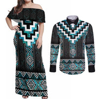 Paua Shell Taniko Pattern Aotearoa Couples Matching Off Shoulder Maxi Dress and Long Sleeve Button Shirt Niho Taniwha Mix Poutama