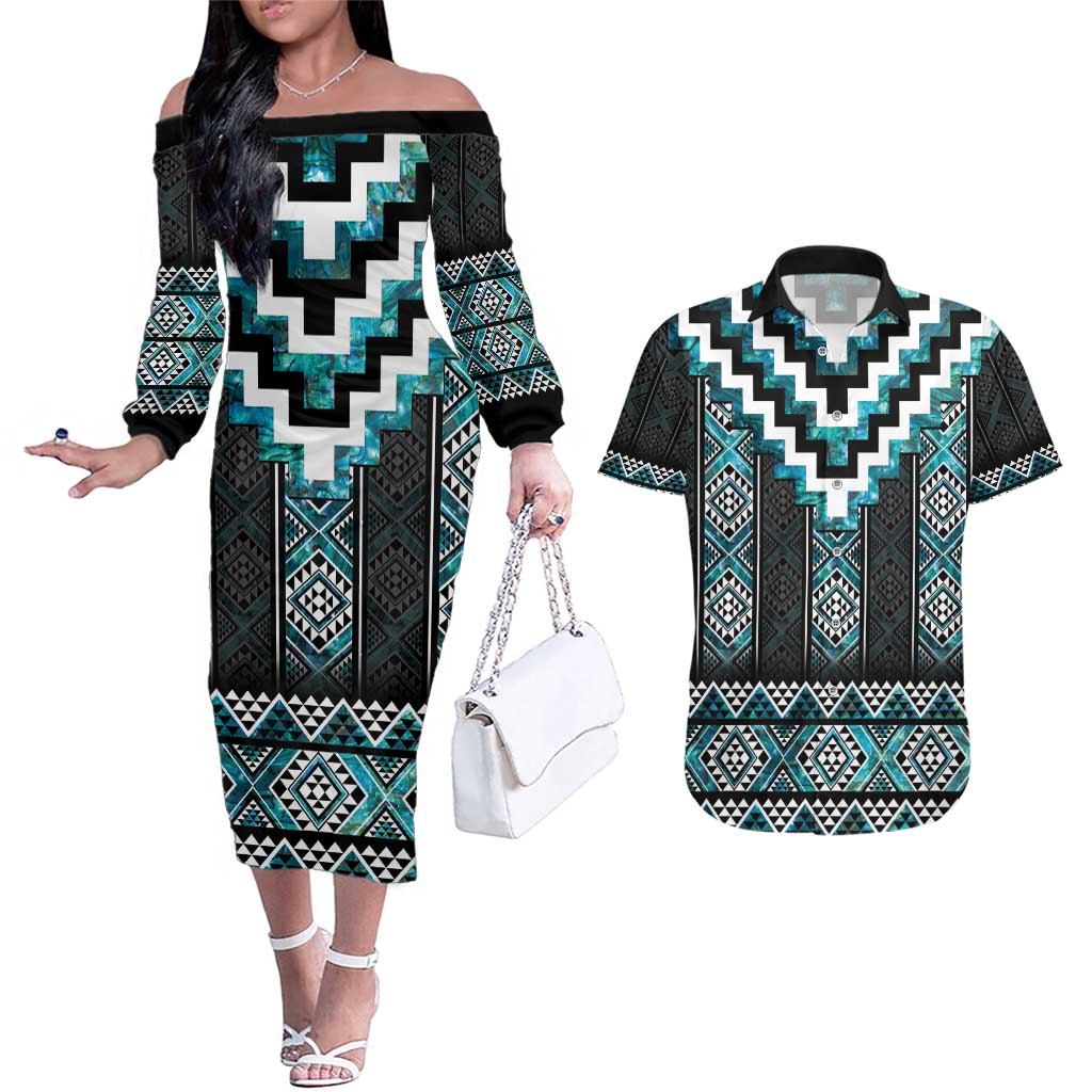 Paua Shell Taniko Pattern Aotearoa Couples Matching Off The Shoulder Long Sleeve Dress and Hawaiian Shirt Niho Taniwha Mix Poutama