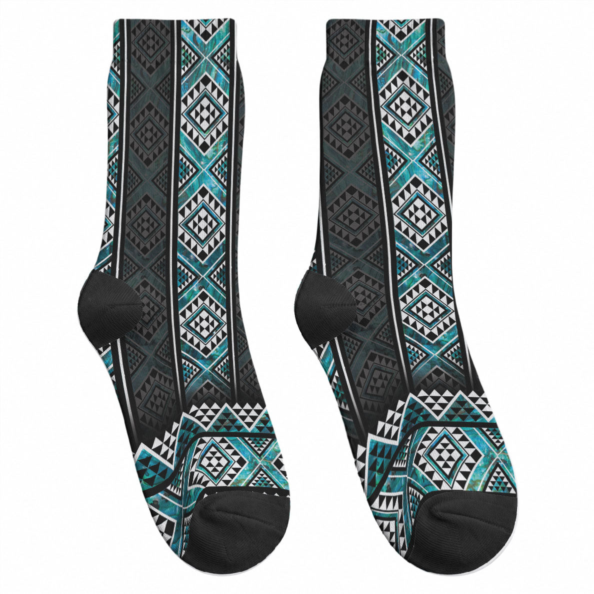 Paua Shell Taniko Pattern Aotearoa Crew Socks Niho Taniwha Mix Poutama