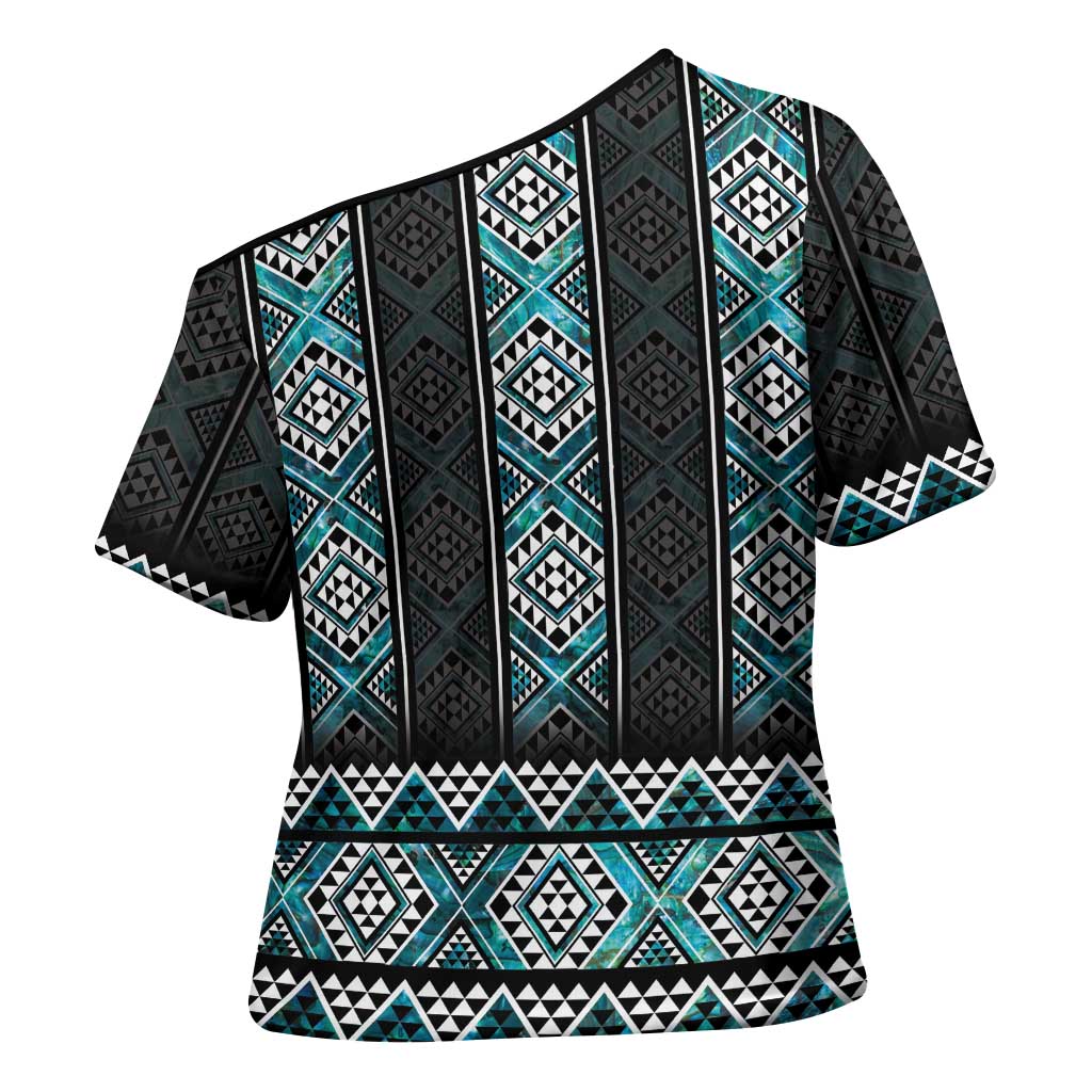 Paua Shell Taniko Pattern Aotearoa Cross Shoulder Shirt Niho Taniwha Mix Poutama - Polynesian Pride