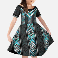 Paua Shell Taniko Pattern Aotearoa Family Matching Long Sleeve Bodycon Dress and Hawaiian Shirt Niho Taniwha Mix Poutama LT14 Daughter's Dress Turquoise - Polynesian Pride