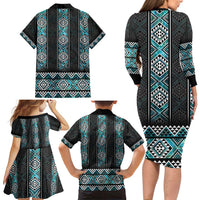 Paua Shell Taniko Pattern Aotearoa Family Matching Long Sleeve Bodycon Dress and Hawaiian Shirt Niho Taniwha Mix Poutama LT14 - Polynesian Pride