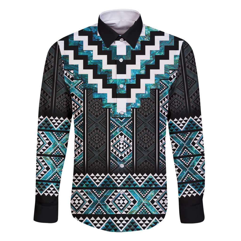 Paua Shell Taniko Pattern Aotearoa Family Matching Long Sleeve Bodycon Dress and Hawaiian Shirt Niho Taniwha Mix Poutama LT14 Dad's Shirt - Long Sleeve Turquoise - Polynesian Pride