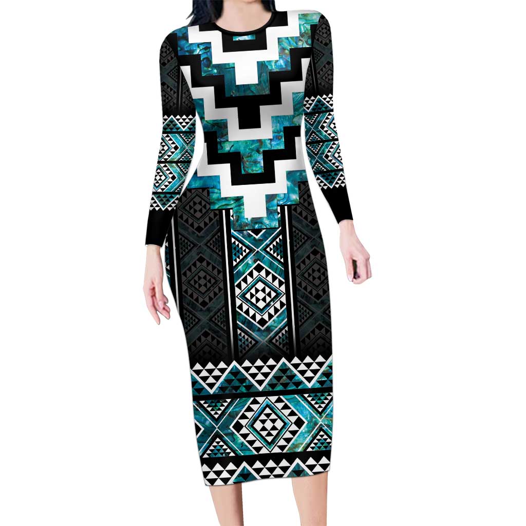 Paua Shell Taniko Pattern Aotearoa Family Matching Long Sleeve Bodycon Dress and Hawaiian Shirt Niho Taniwha Mix Poutama LT14 Mom's Dress Turquoise - Polynesian Pride