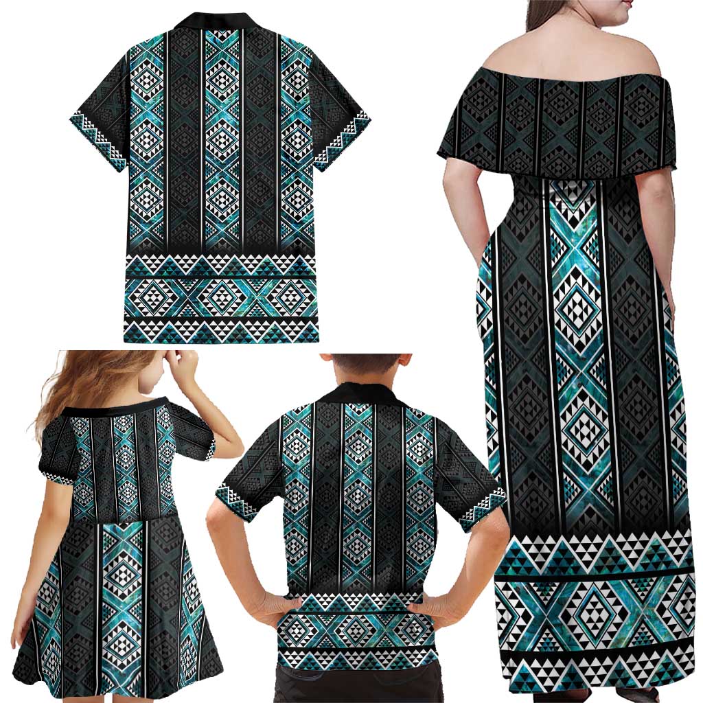 Paua Shell Taniko Pattern Aotearoa Family Matching Off Shoulder Maxi Dress and Hawaiian Shirt Niho Taniwha Mix Poutama